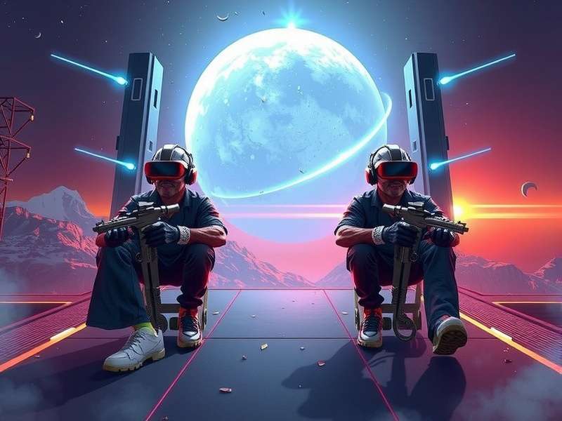 A person using a VR headset in a futuristic, social virtual environment