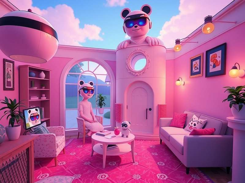 A beautifully customized VRChat home world with neon lights and cozy furnishings