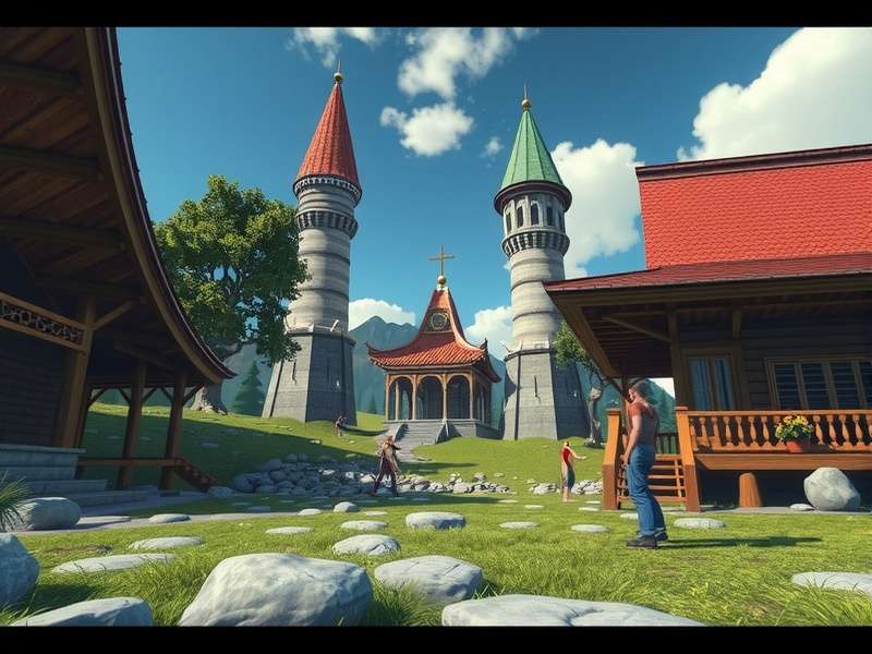 A diverse group of VRChat avatars engaged in a roleplay scenario in a detailed virtual world