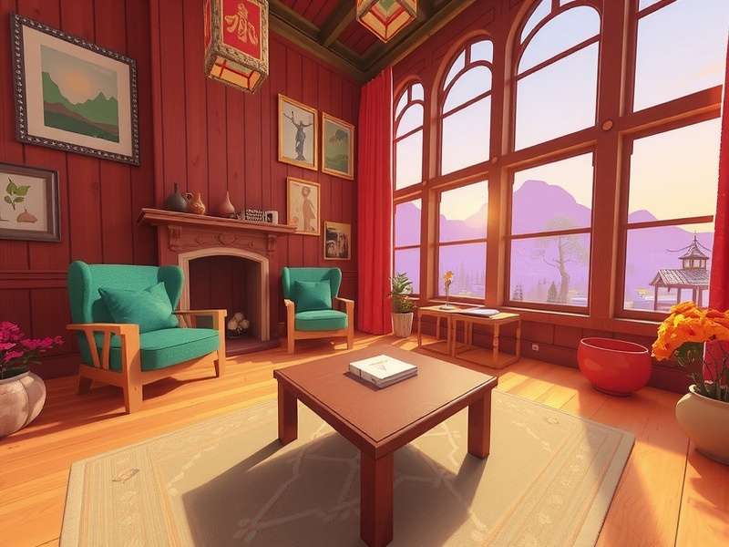 A vibrant, customized VRChat home world with a cozy futuristic living room and a view of a virtual city