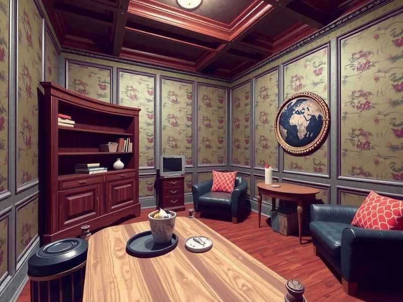 VRChat Homesick escape room main puzzle chamber with nostalgic objects and cryptic symbols