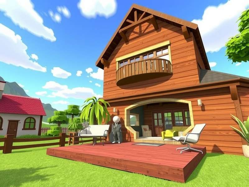 A vibrant VRChat home world with neon lights and cozy seating