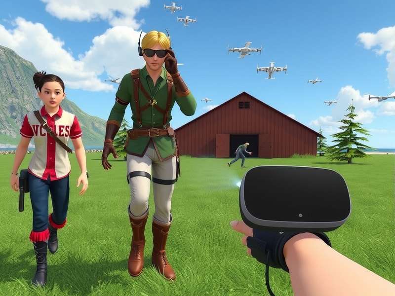 VRChat gameplay featuring diverse avatars interacting in a virtual world