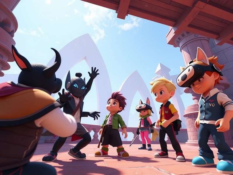 A diverse group of stylized VRChat avatars interacting in a vibrant virtual world