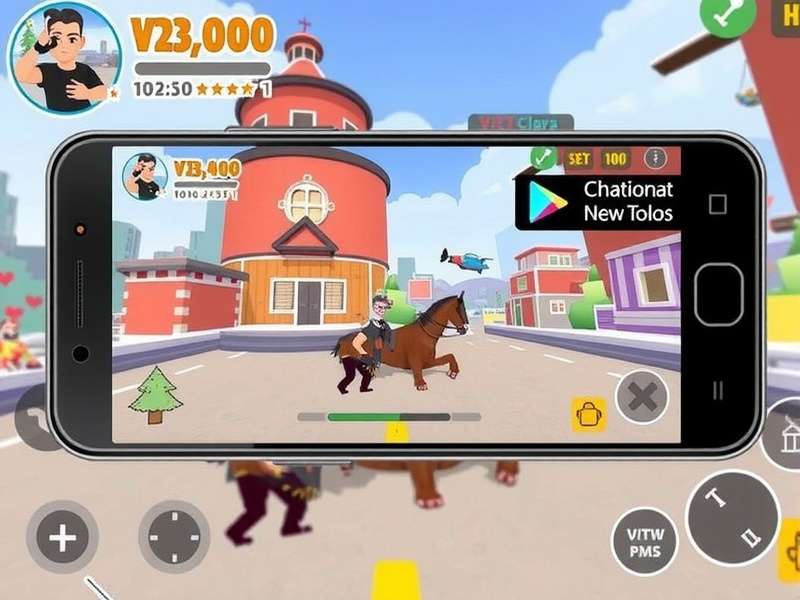 VRChat Mobile gameplay on smartphone showing virtual world with avatars