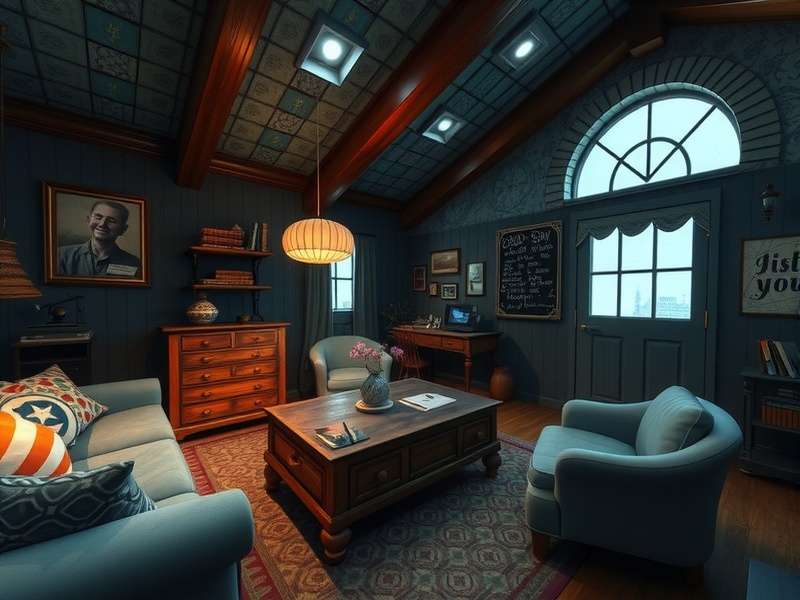 Vrchat Homesick Escape Room — the abandoned attic puzzle room with vintage furniture and cryptic notes
